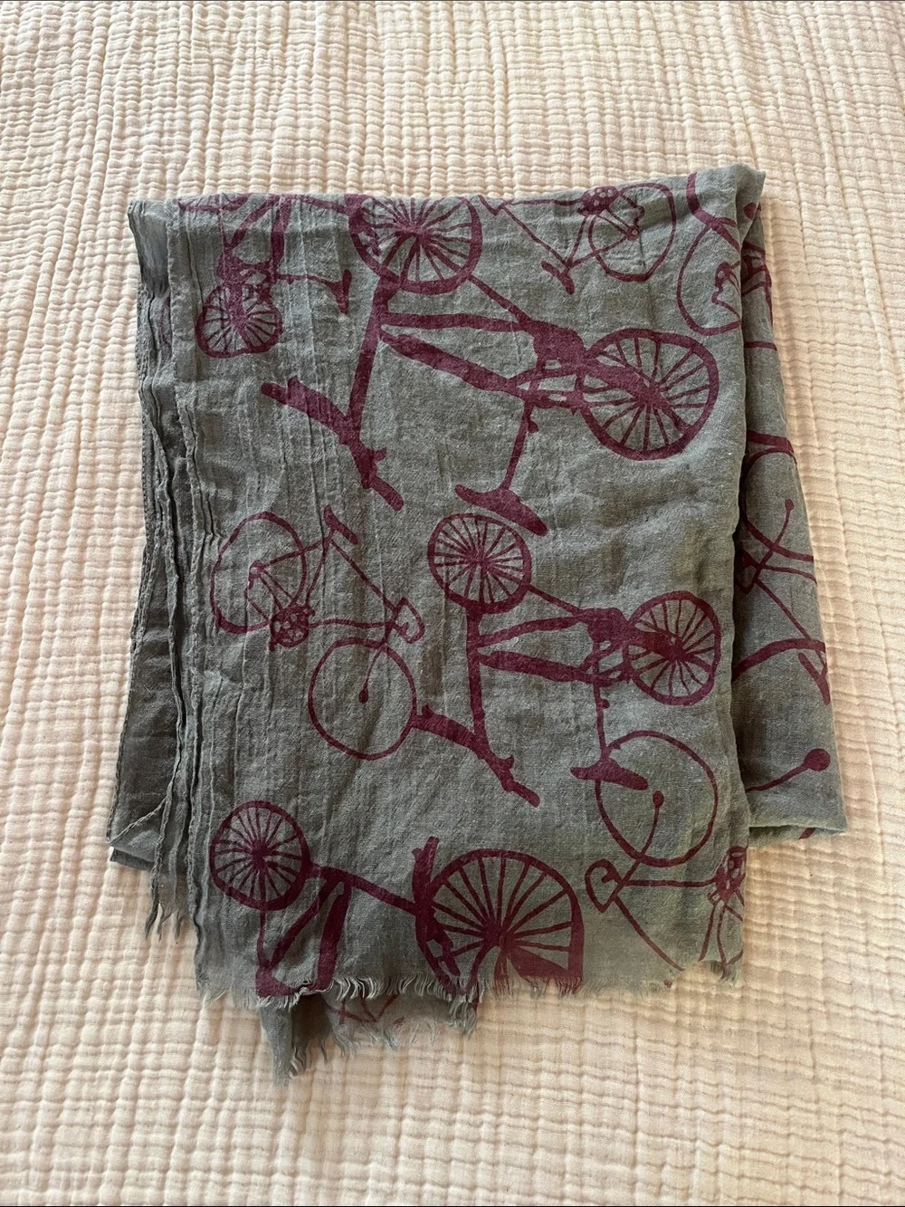 Gray Scarf with Burgundy Bicycle Print